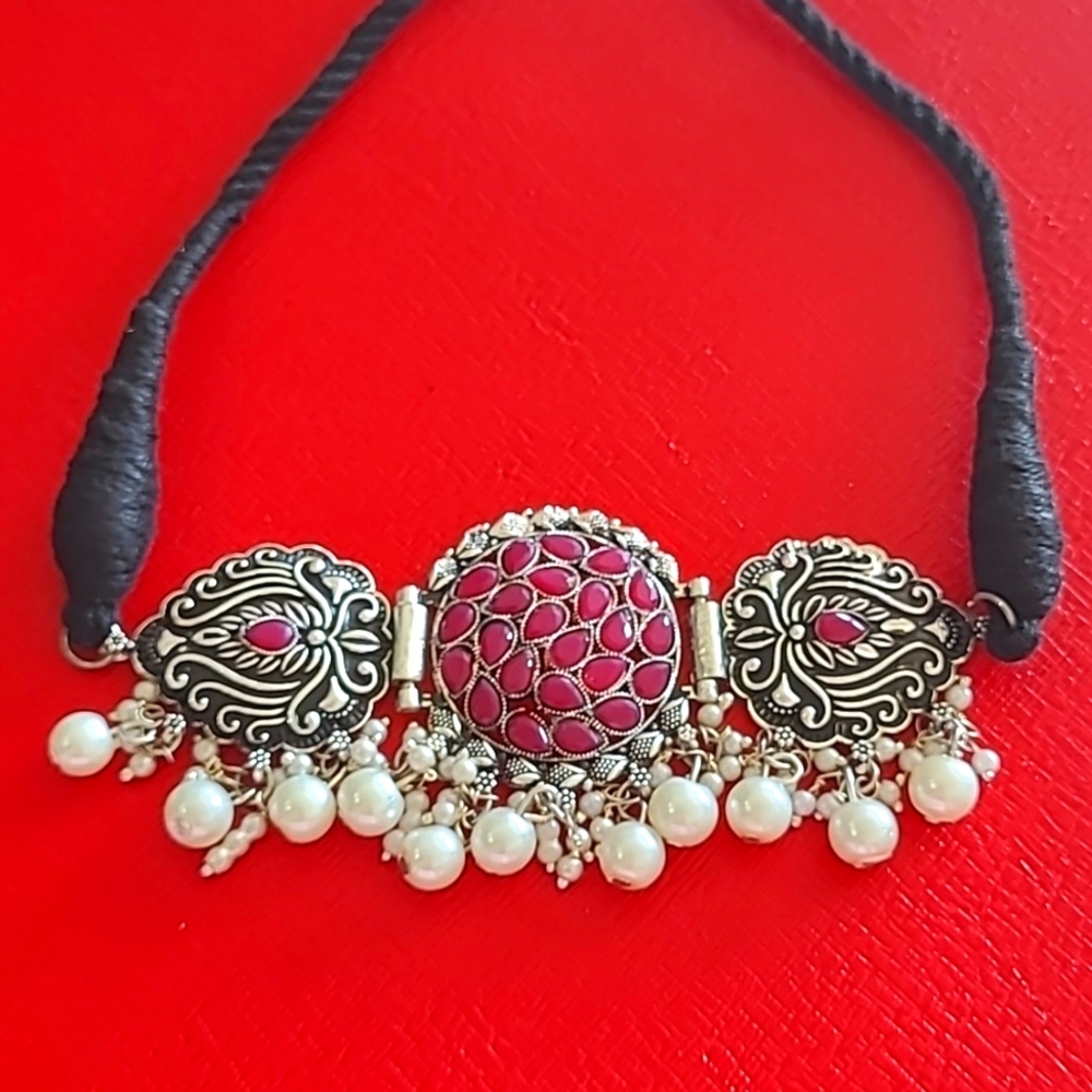 Bohemian choker with bright pink ruby and pearl